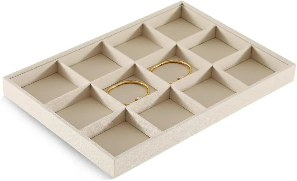 Linen 12 Grid Stackable Bangle Storage Tray, Bracelet Watch Display Tray, Jewelry Shop Counter Showcase Table Top Organizers, Makeup Table Drawer Insert Jewelry Tray