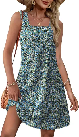 OFEEFAN Womens Square Neck Tank Dresses 2025 Summer Spring Loose Swing Sundresses with Pockets Plain/Print