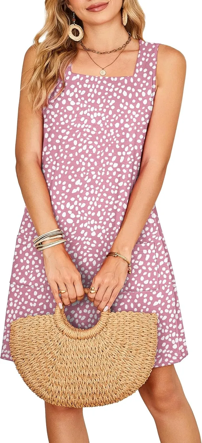 OFEEFAN Womens Square Neck Tank Dresses 2025 Summer Spring Loose Swing Sundresses with Pockets Plain/Print