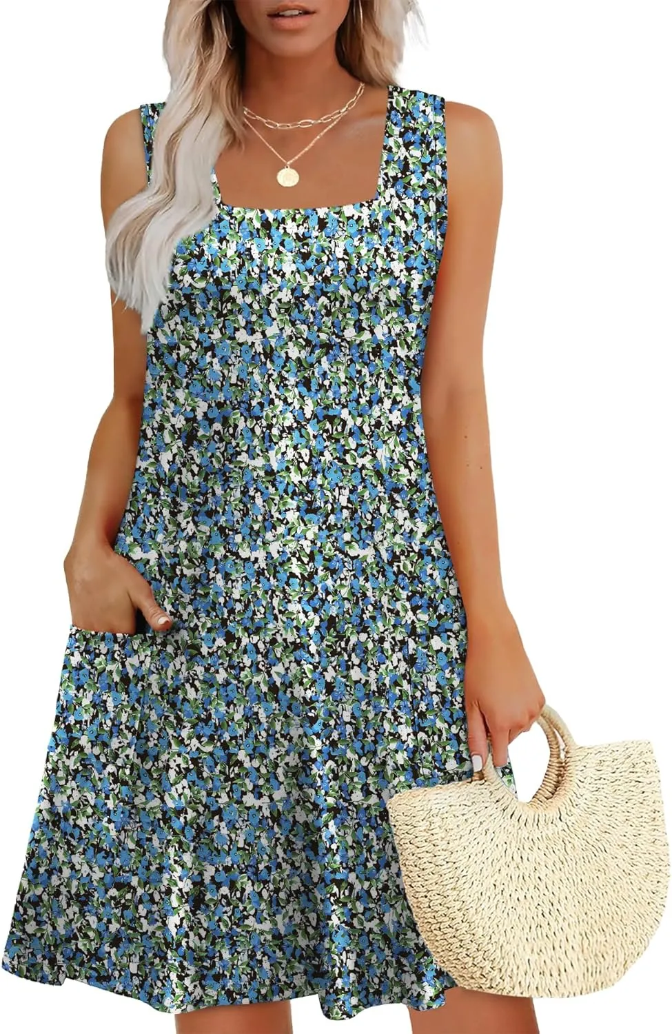 OFEEFAN Womens Square Neck Tank Dresses 2025 Summer Spring Loose Swing Sundresses with Pockets Plain/Print