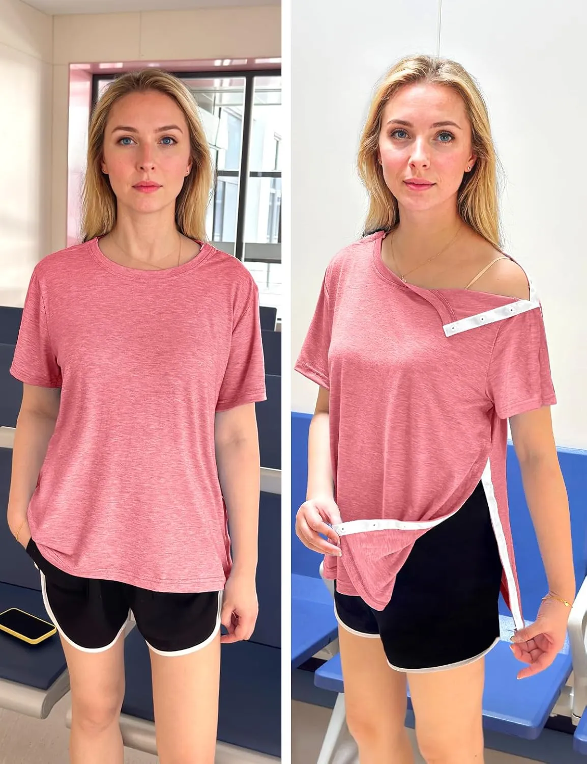 Post Shoulder Surgery Shirts for Women- Short Sleeve-Full Snap-Open Arm Shoulder Recovery Clothing Chemo Clothing