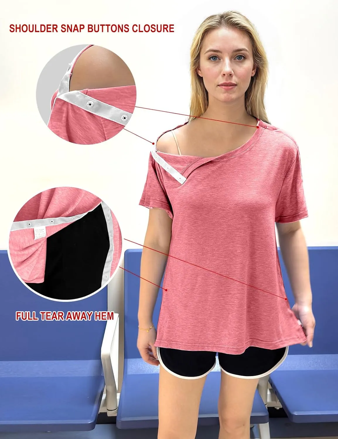 Post Shoulder Surgery Shirts for Women- Short Sleeve-Full Snap-Open Arm Shoulder Recovery Clothing Chemo Clothing