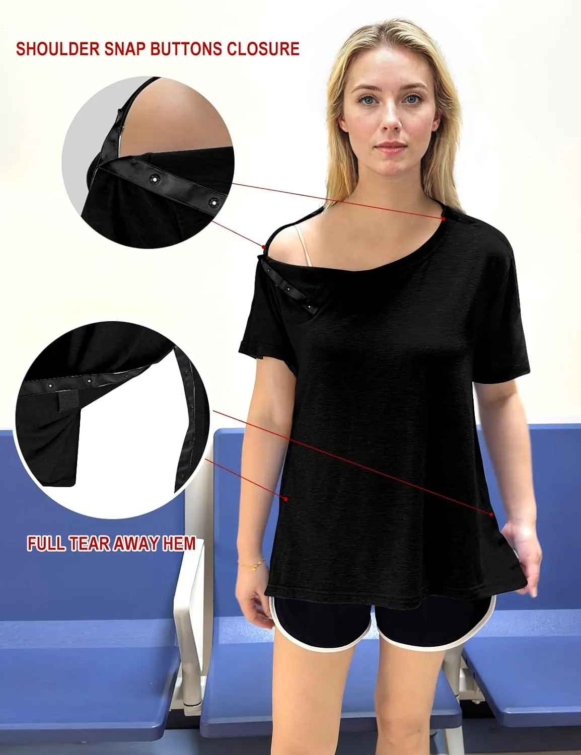 Post Shoulder Surgery Shirts for Women- Short Sleeve-Full Snap-Open Arm Shoulder Recovery Clothing Chemo Clothing