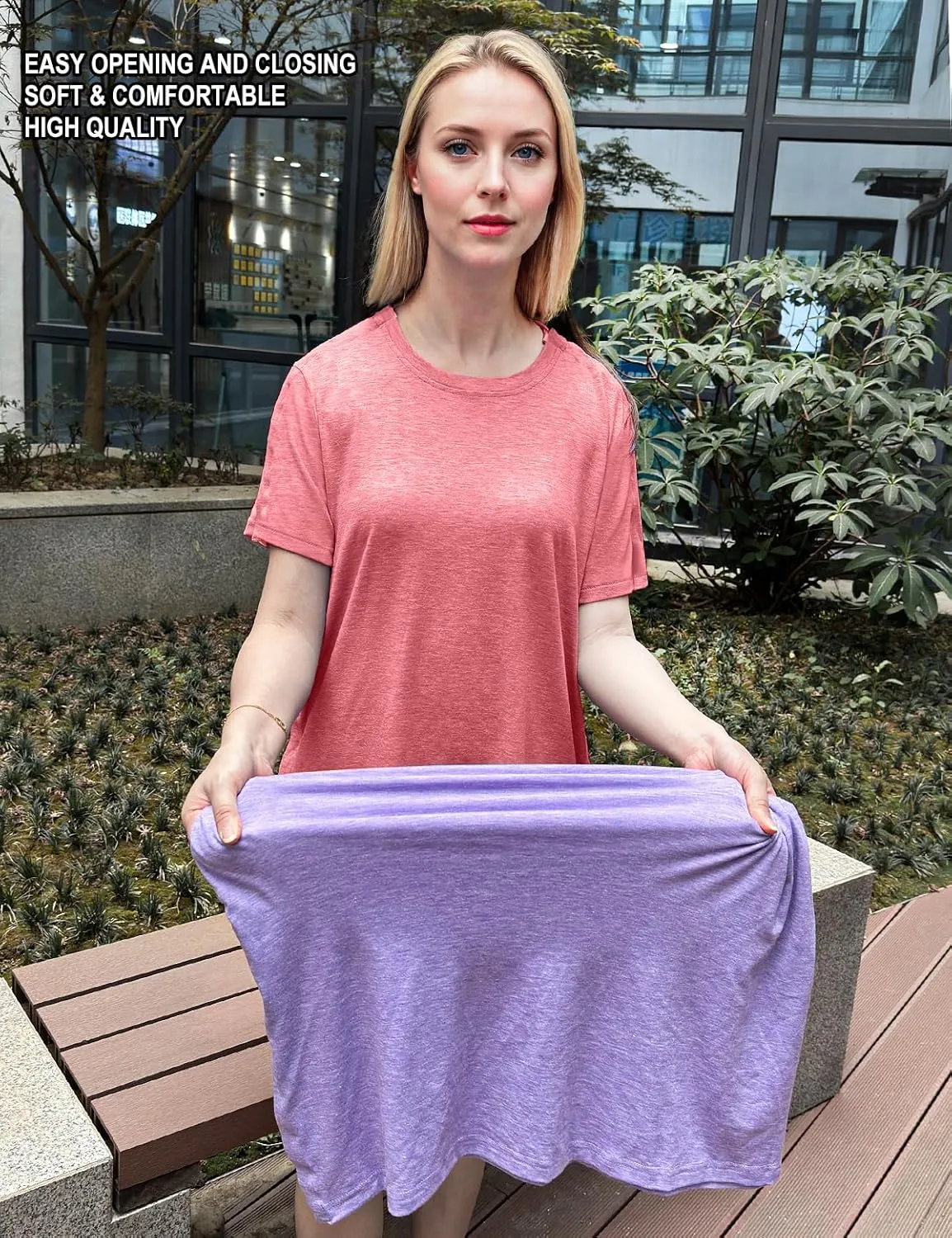 Post Shoulder Surgery Shirts for Women- Short Sleeve-Full Snap-Open Arm Shoulder Recovery Clothing Chemo Clothing