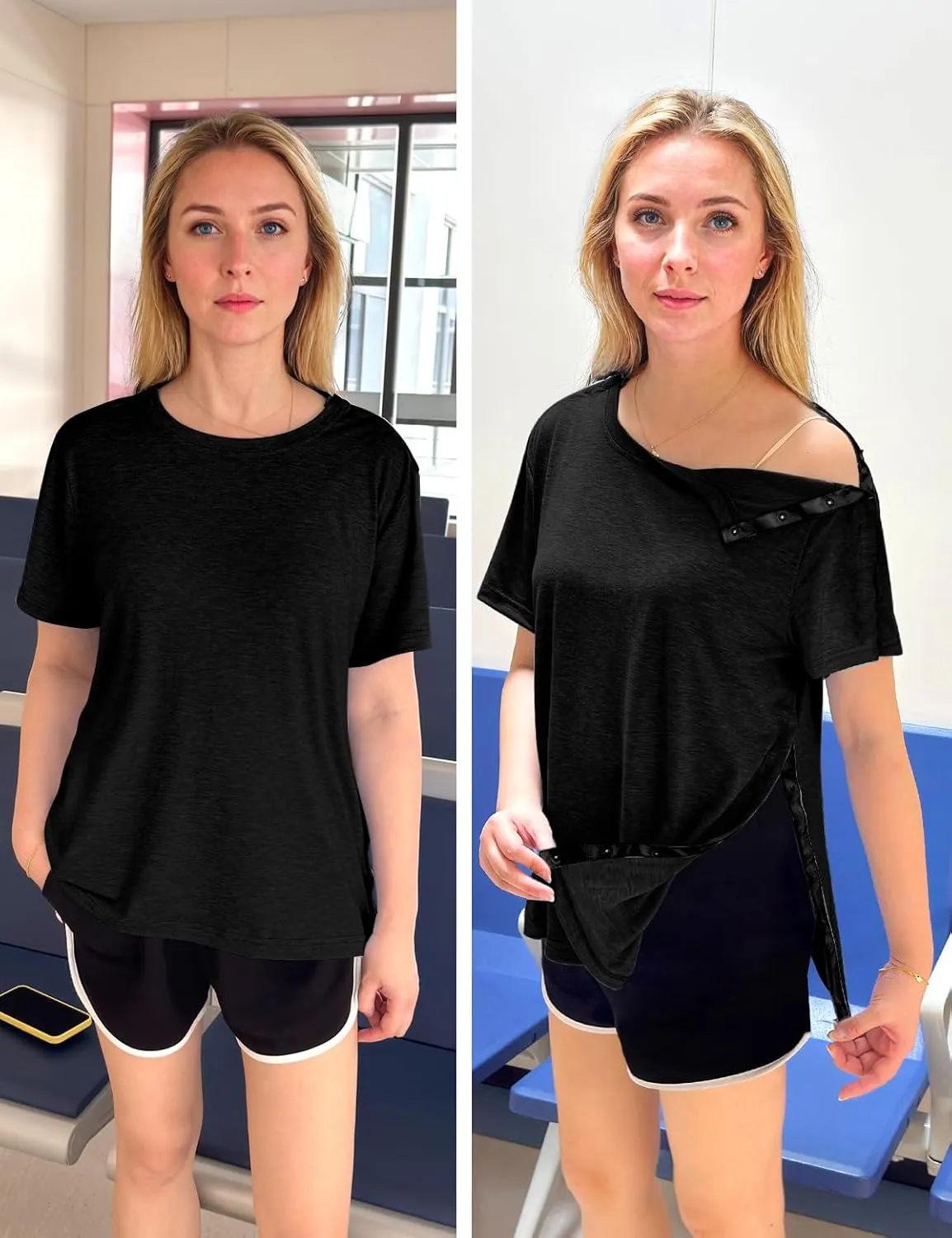 Post Shoulder Surgery Shirts for Women- Short Sleeve-Full Snap-Open Arm Shoulder Recovery Clothing Chemo Clothing