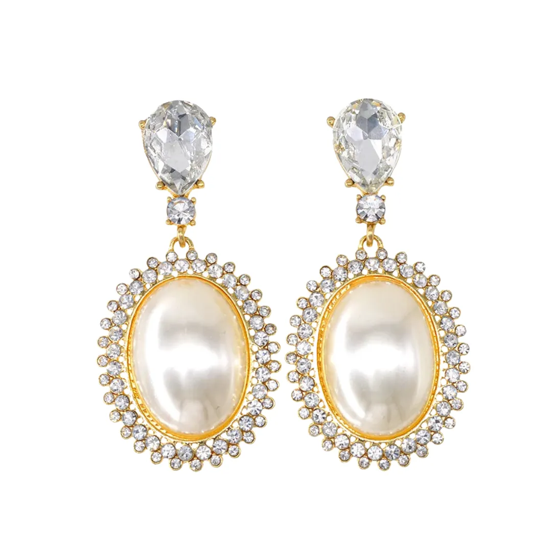Pre Order:  Big Oval Pearl Crystal Long Drop Earrings