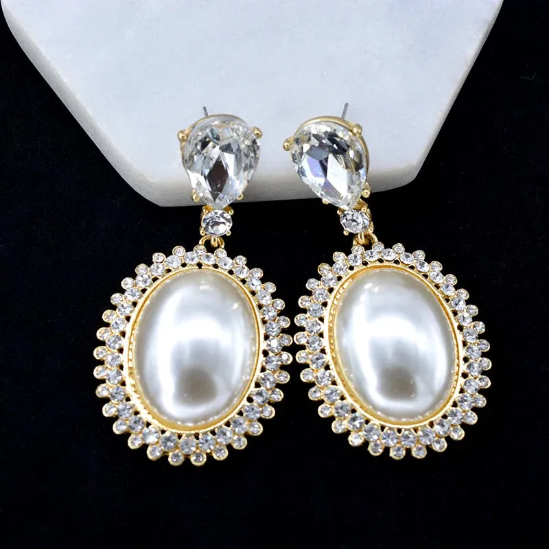 Pre Order:  Big Oval Pearl Crystal Long Drop Earrings