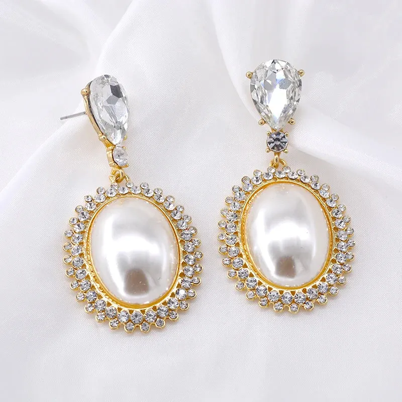 Pre Order:  Big Oval Pearl Crystal Long Drop Earrings