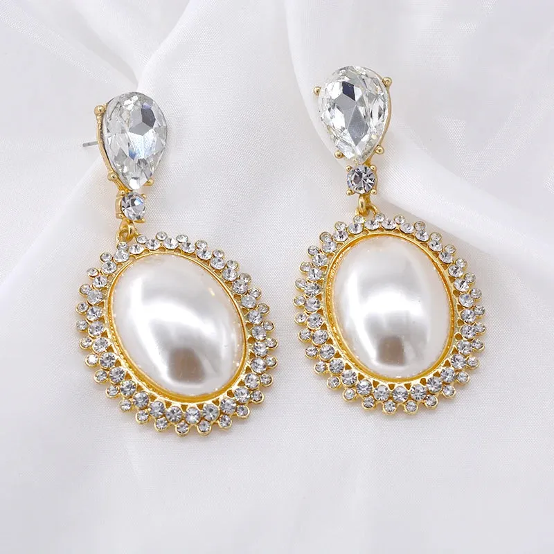 Pre Order:  Big Oval Pearl Crystal Long Drop Earrings