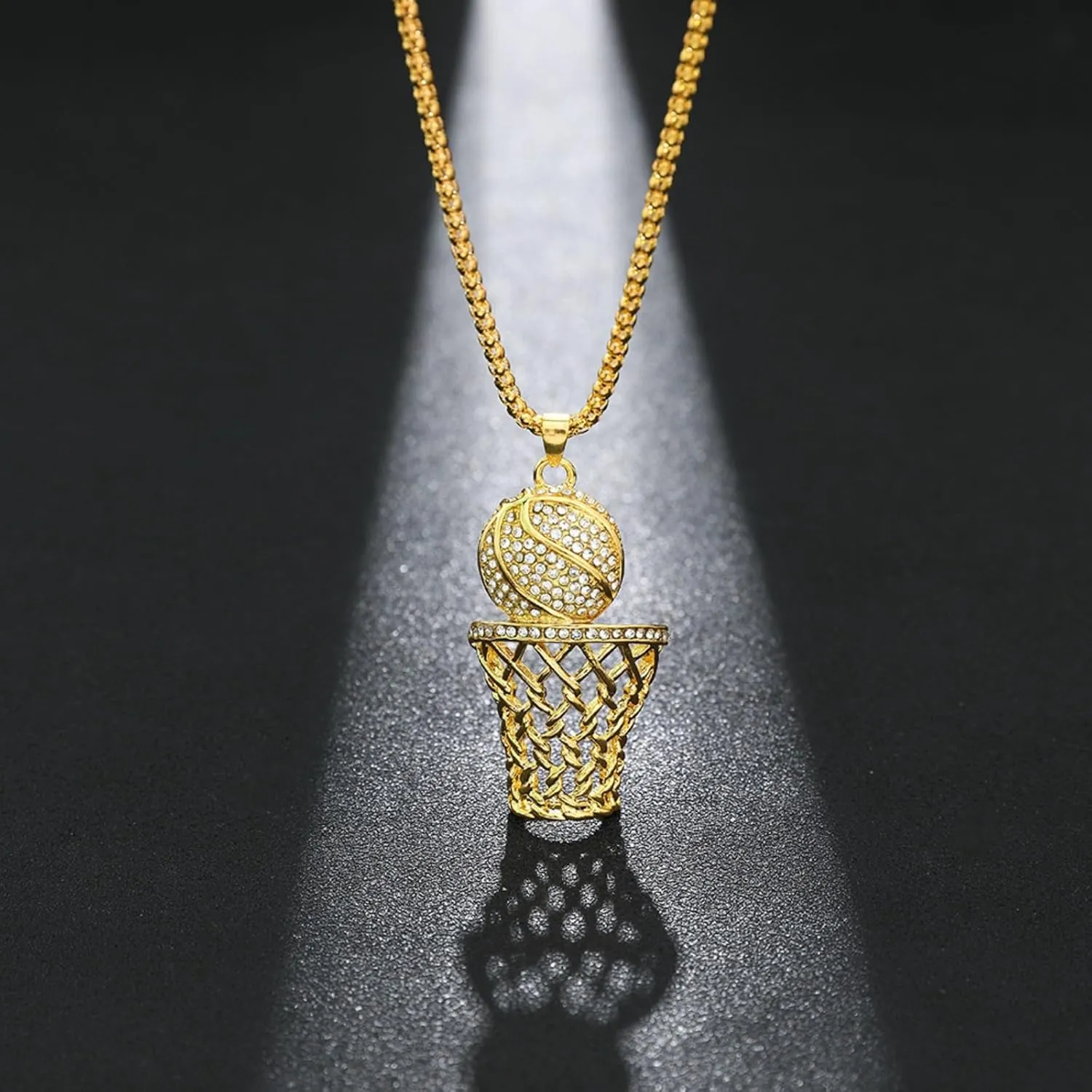 Punk Basketball Chain Necklace for Men Women, Sports Rim Hoop Pendant 14k Gold Hiphop Rhinestone Frame Charm Jewelry Gifts
