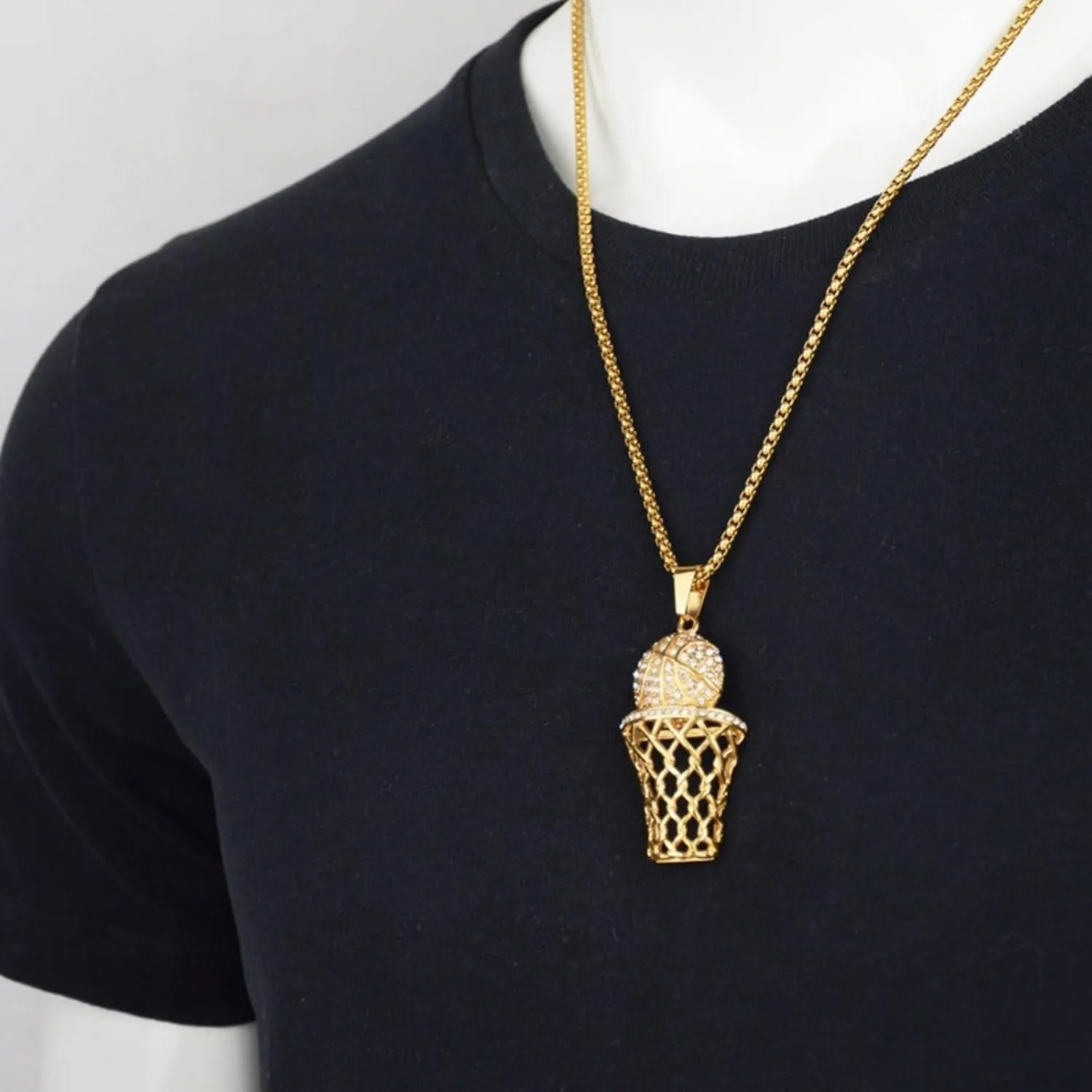 Punk Basketball Chain Necklace for Men Women, Sports Rim Hoop Pendant 14k Gold Hiphop Rhinestone Frame Charm Jewelry Gifts