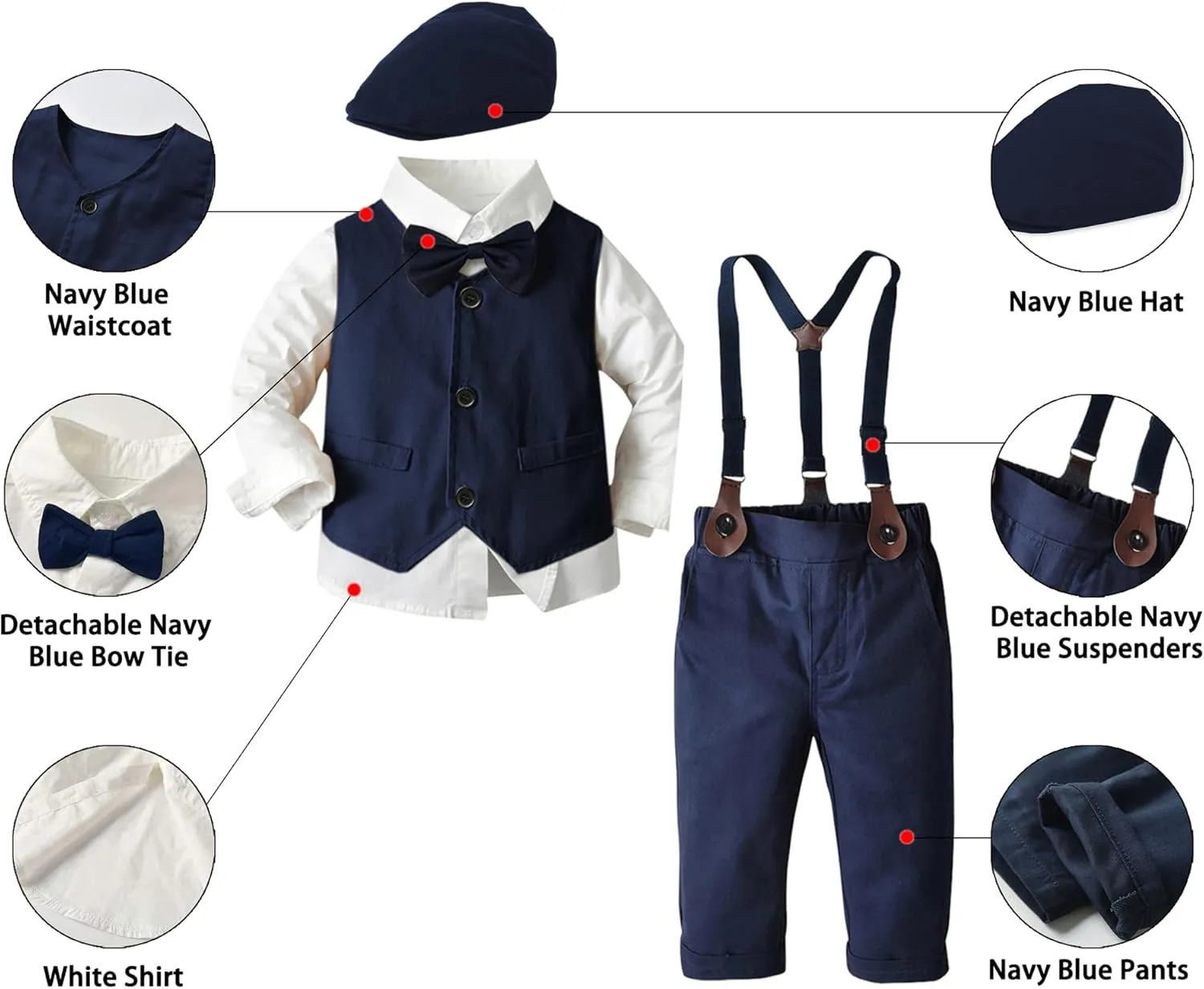 SANGTREE Boys Kids Little Boy Formal Suits Clothes Set, Shirt with Bow Tie Beret Hat Suspender Pants Sets, 3 Months - 9 Years