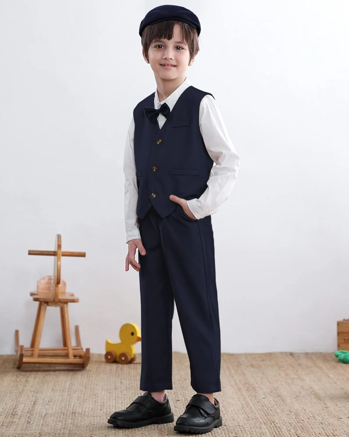 SANGTREE Boys Kids Little Boy Formal Suits Clothes Set, Shirt with Bow Tie Beret Hat Suspender Pants Sets, 3 Months - 9 Years