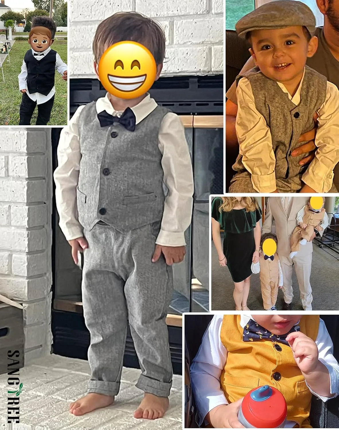 SANGTREE Boys Kids Little Boy Formal Suits Clothes Set, Shirt with Bow Tie Beret Hat Suspender Pants Sets, 3 Months - 9 Years
