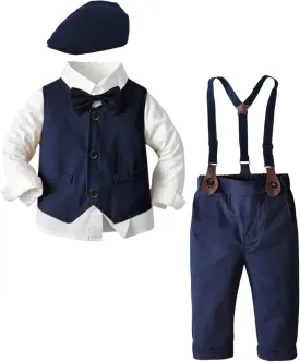 SANGTREE Boys Kids Little Boy Formal Suits Clothes Set, Shirt with Bow Tie Beret Hat Suspender Pants Sets, 3 Months - 9 Years