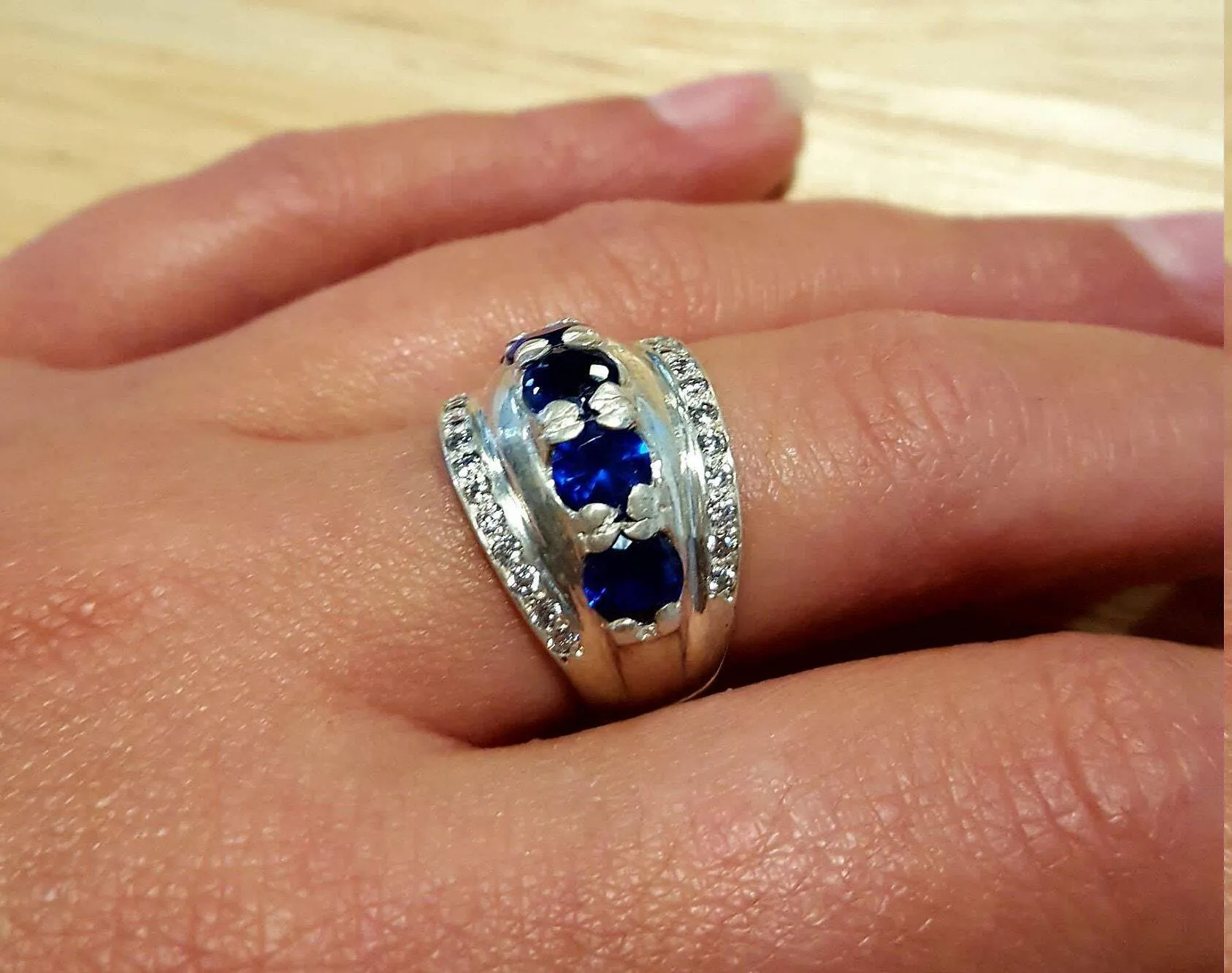 Sapphire Statement Ring - Chunky Silver Ring - Wide Sapphire Ring