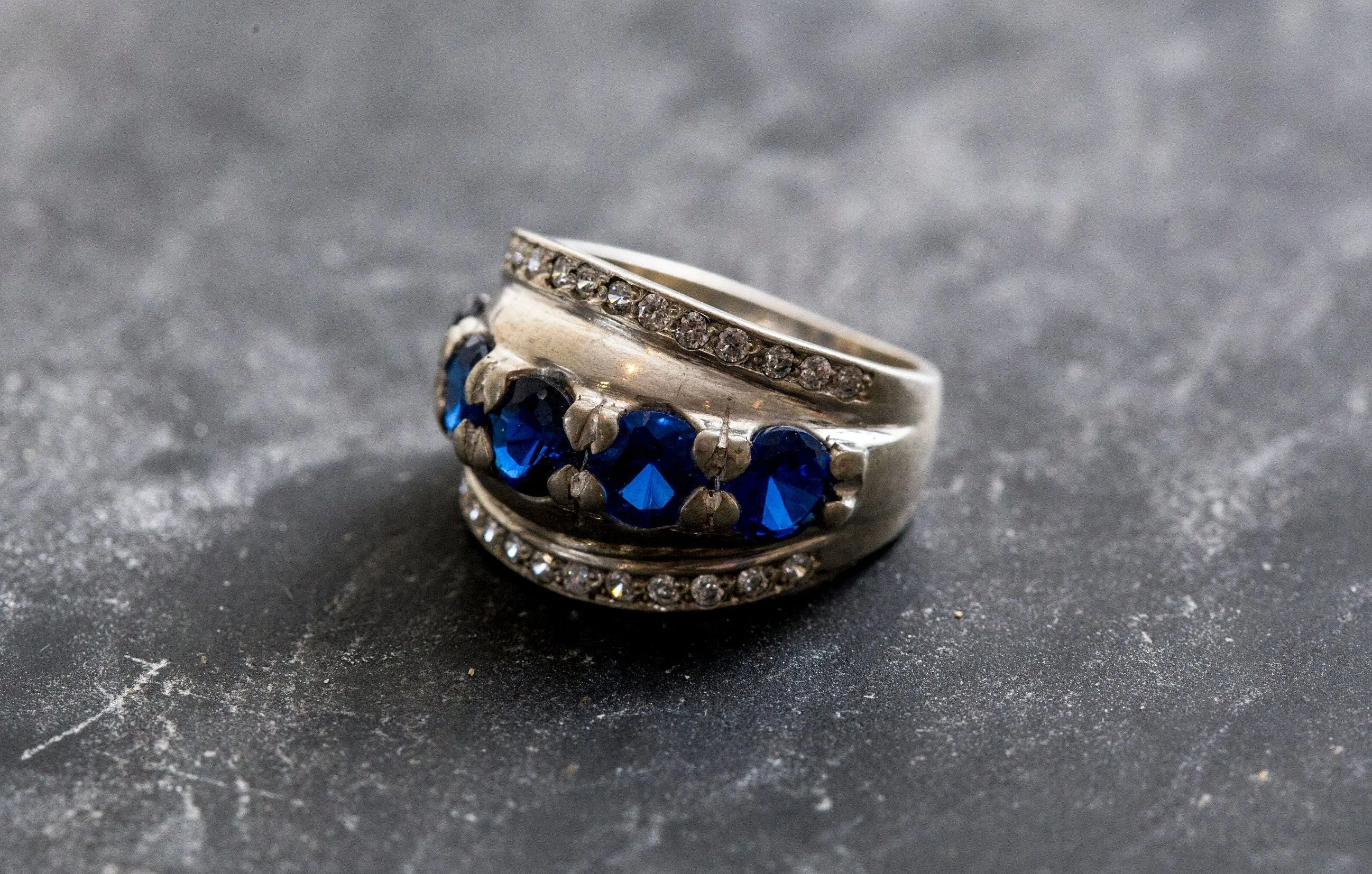 Sapphire Statement Ring - Chunky Silver Ring - Wide Sapphire Ring