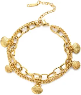 Shell Paperclip Chain Bracelet Dainty Bangle Adjustable Layered Stainless Steel Fashion Stack Bracelets Anklet Popular Minimalist Charm Jewelry Present Gift for Women Girls