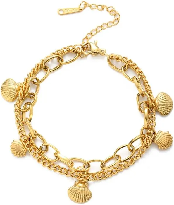 Shell Paperclip Chain Bracelet Dainty Bangle Adjustable Layered Stainless Steel Fashion Stack Bracelets Anklet Popular Minimalist Charm Jewelry Present Gift for Women Girls