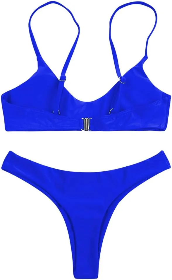 SherryDC Women's Solid Scoop Neck Push Up Padded Brazilian Thong Bikini Swimsuit Bathing Suit