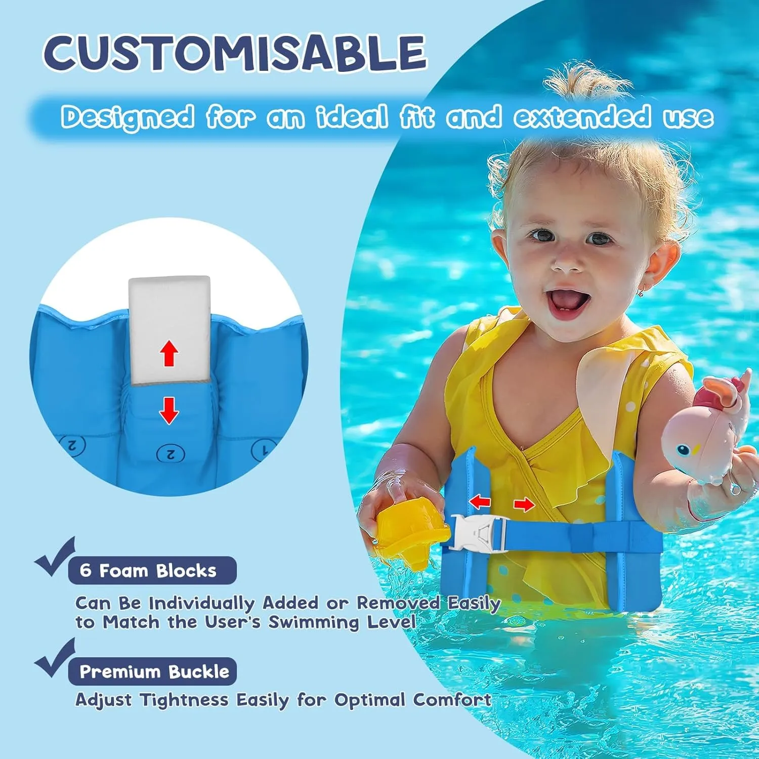 Toddler Swim Belt for Kids 2-6 Years Boys Girls Swim Trainer 33-66 lbs Adjustable Back Float Belt Water Safety Training Floaties for Pool Beach