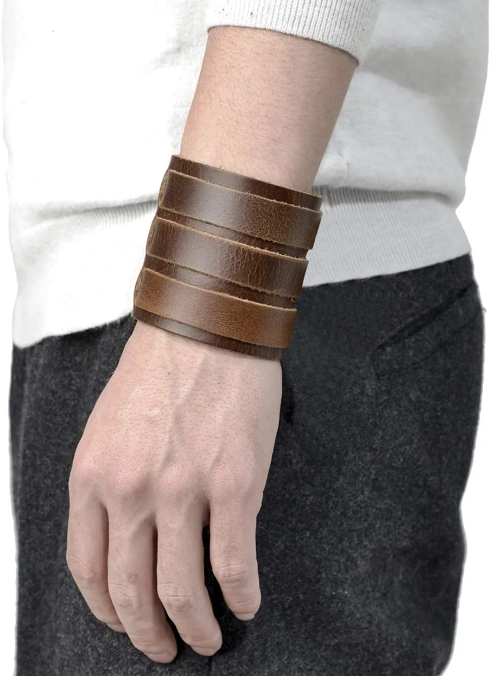 Tornito 1-2Pcs Genuine Leather Bracelet Punk Spike Studded Rivet Braided Chain Biker Bangle Three Wide Strap Gauntlet Wristband For Women Men Black Brown Size Adjustable