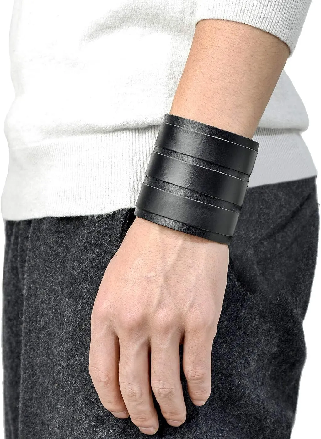Tornito 1-2Pcs Genuine Leather Bracelet Punk Spike Studded Rivet Braided Chain Biker Bangle Three Wide Strap Gauntlet Wristband For Women Men Black Brown Size Adjustable