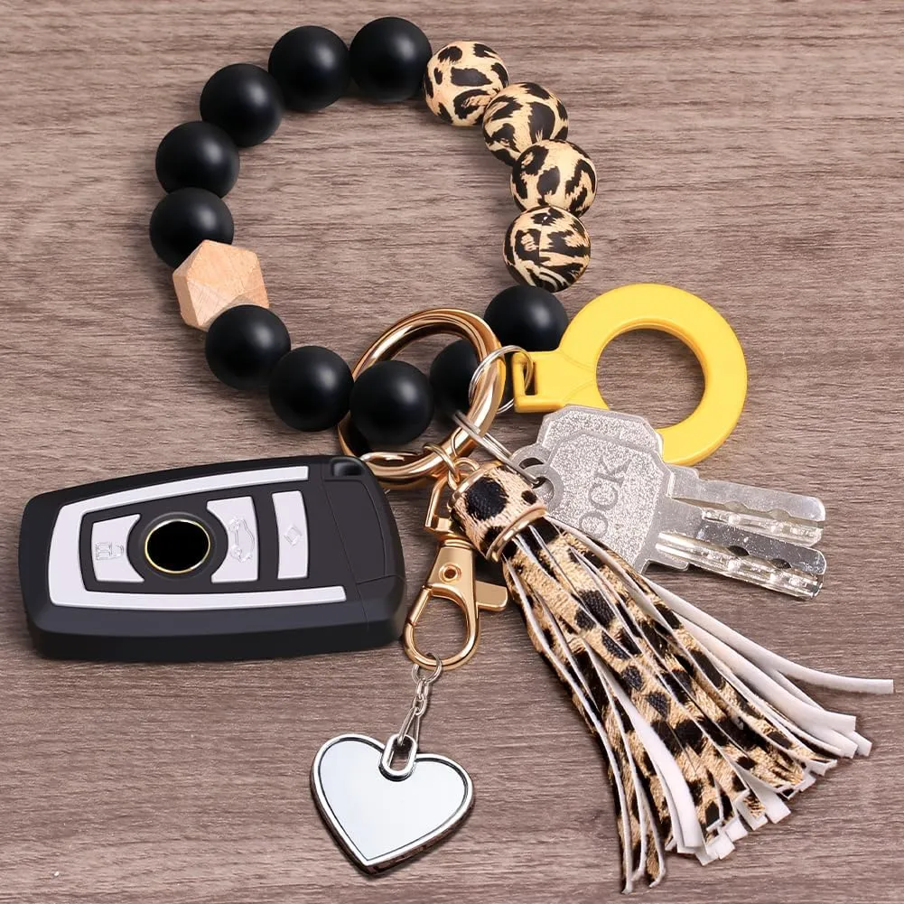 UpUDo Keychain Bracelet Wristlet, Silicone Beaded Key Ring Bracelet with Card Wallet, Elastic Keyring Bangle for Womens