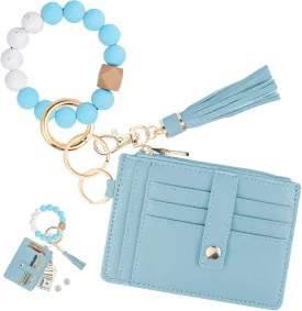 Wallet Keychain Wristlet for Women,Slim RFID Credit Card Holder Purse Tassel Keychain Bangle Key Ring for Men Women