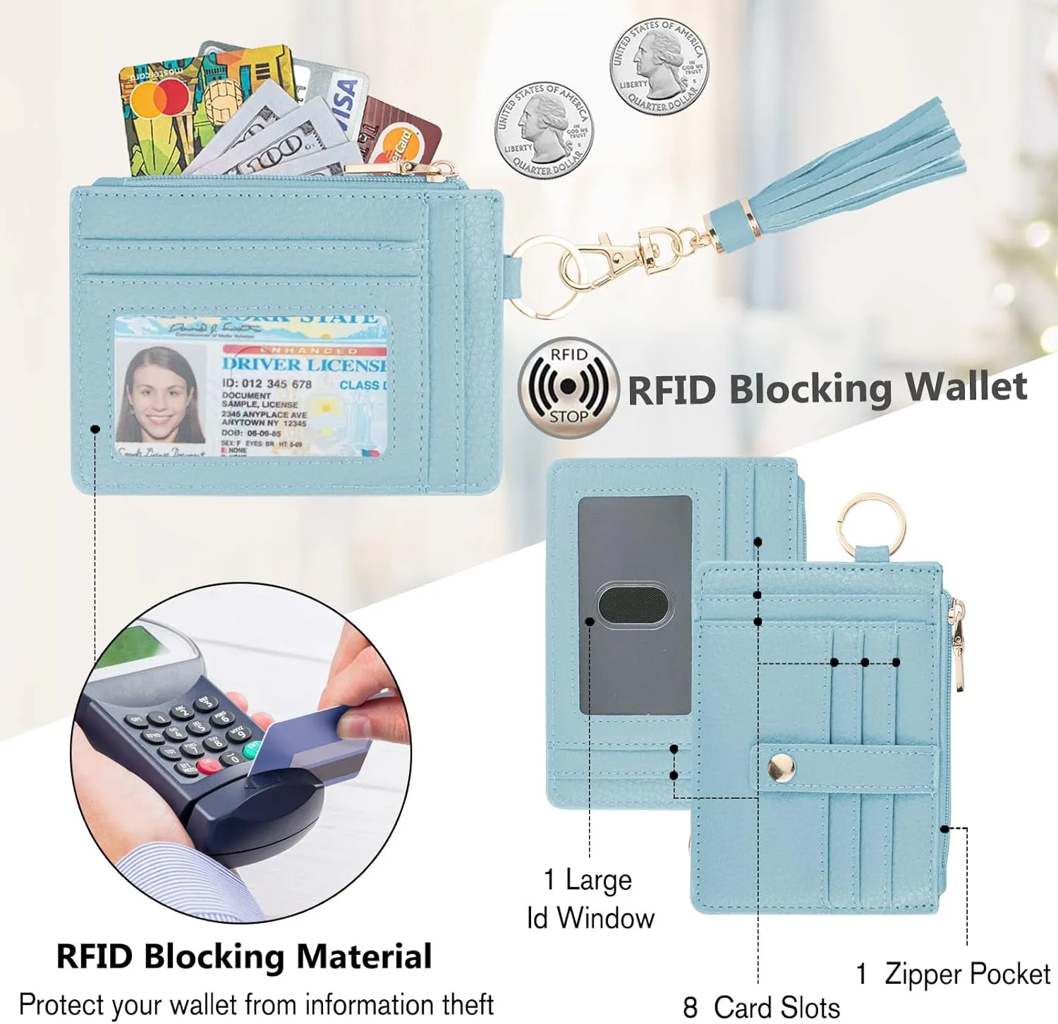 Wallet Keychain Wristlet for Women,Slim RFID Credit Card Holder Purse Tassel Keychain Bangle Key Ring for Men Women