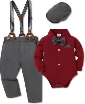 WESIDOM Baby Boy Clothes 0-18M Newborn Infant Gentleman Outfit, Shirt Bowtie Beret Suspender Pant Baby boy Suit Clothing Set