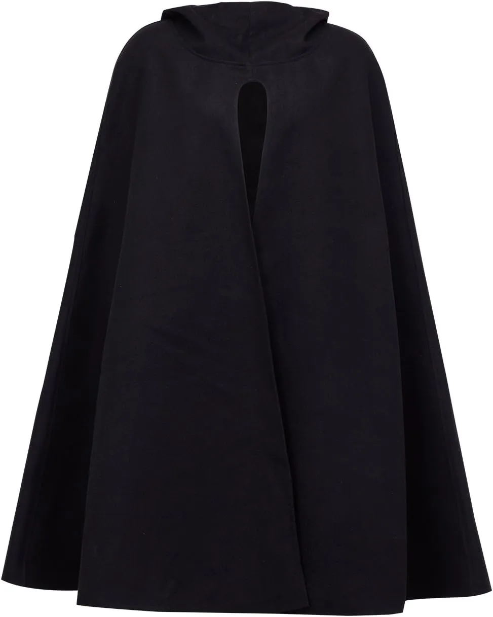Women Black Wool Hooded Split Front Poncho Cape