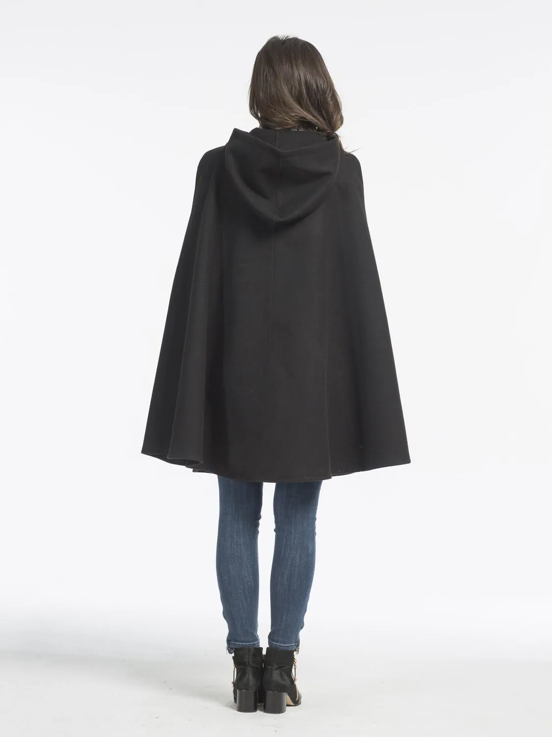 Women Black Wool Hooded Split Front Poncho Cape