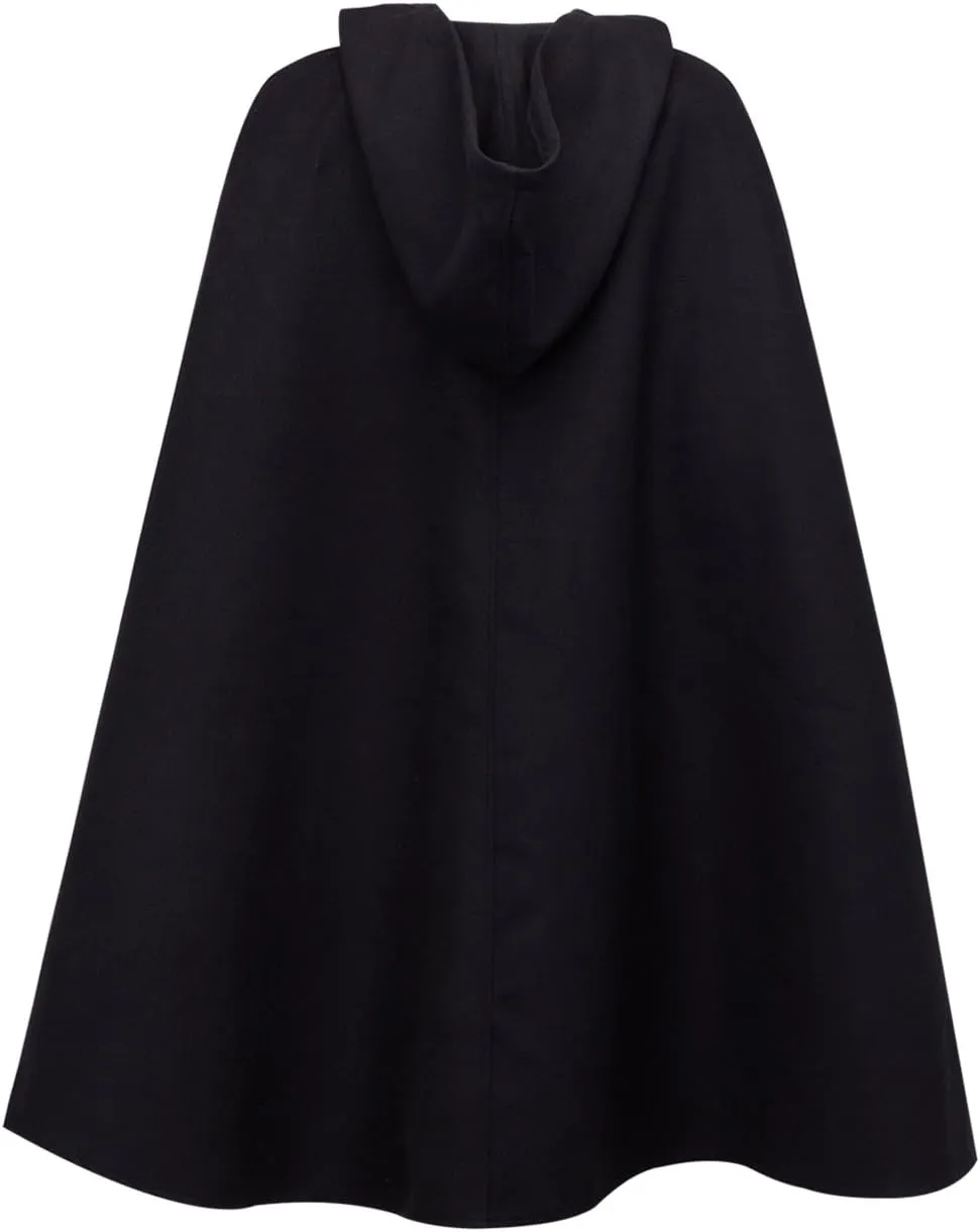 Women Black Wool Hooded Split Front Poncho Cape