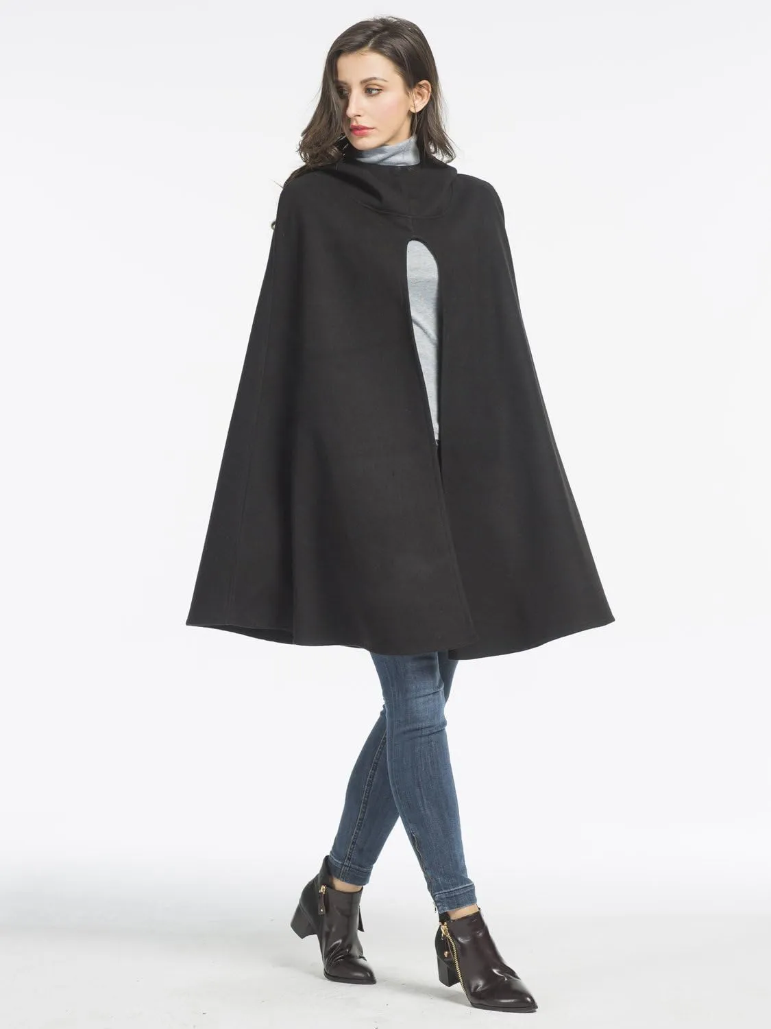 Women Black Wool Hooded Split Front Poncho Cape