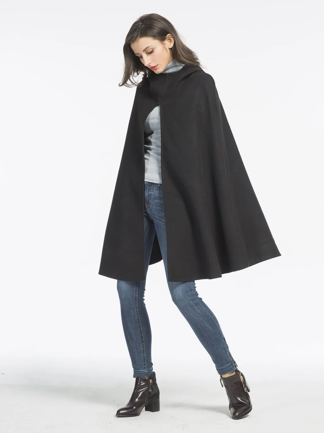 Women Black Wool Hooded Split Front Poncho Cape