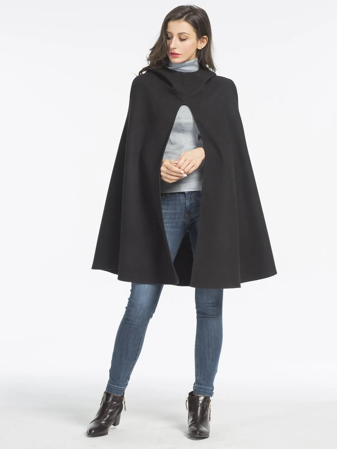 Women Black Wool Hooded Split Front Poncho Cape