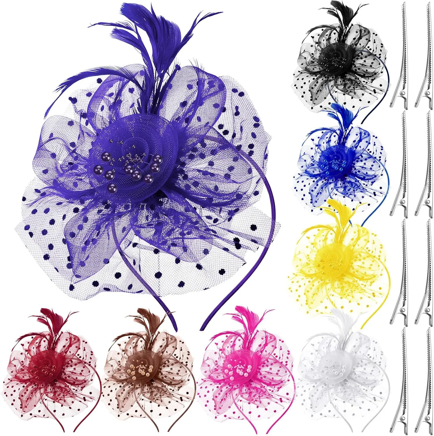 Yunsailing 8 Pcs Fascinators Hat Flower Mesh Tea Party Hat Fascinator Veil Headband for Women Party Wedding