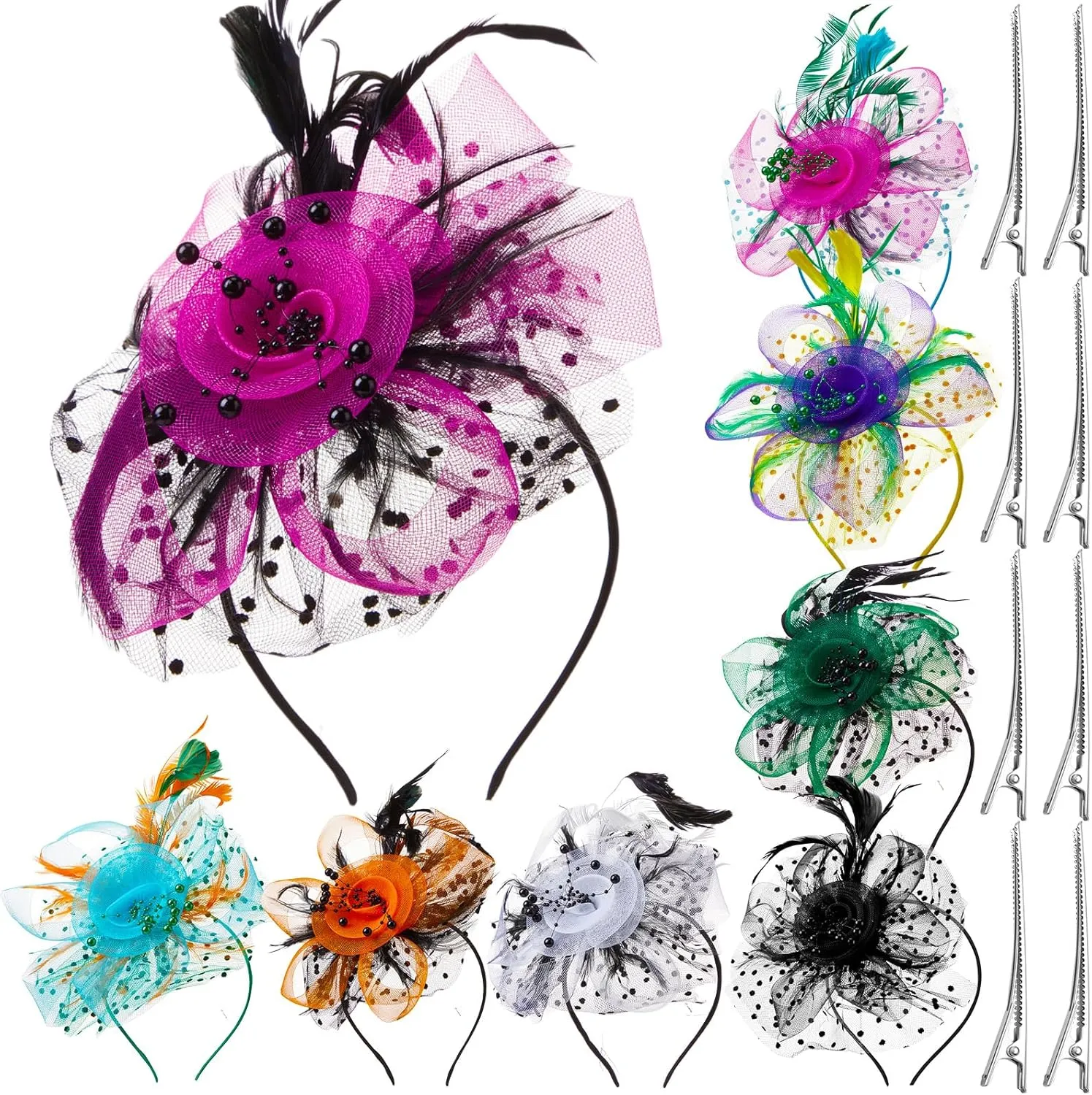 Yunsailing 8 Pcs Fascinators Hat Flower Mesh Tea Party Hat Fascinator Veil Headband for Women Party Wedding