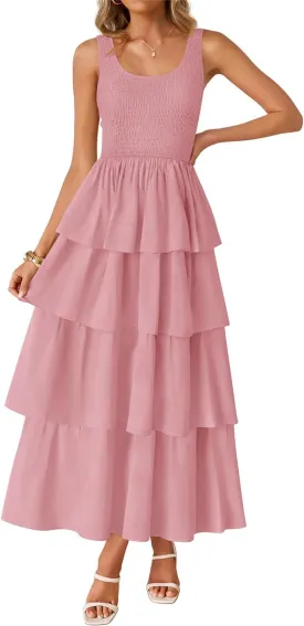 ZESICA Women's 2025 Summer Boho Sleeveless Midi Dress Scoop Neck Ruffle Tiered Layered Swing Long Beach Vacation Dresses