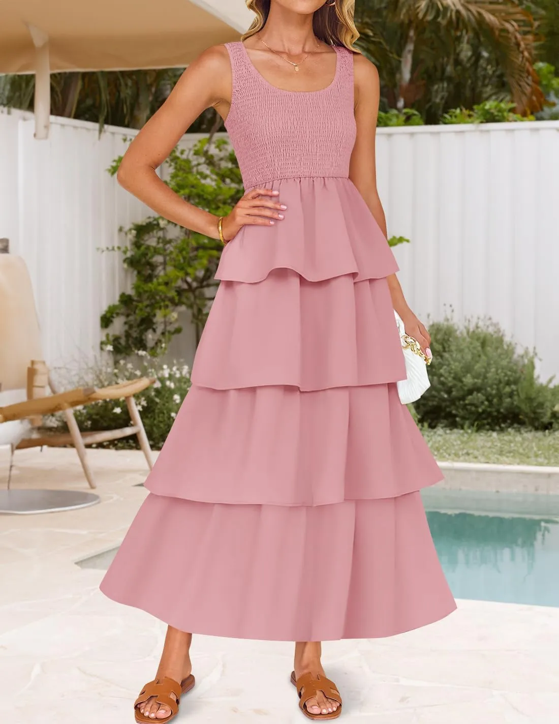 ZESICA Women's 2025 Summer Boho Sleeveless Midi Dress Scoop Neck Ruffle Tiered Layered Swing Long Beach Vacation Dresses