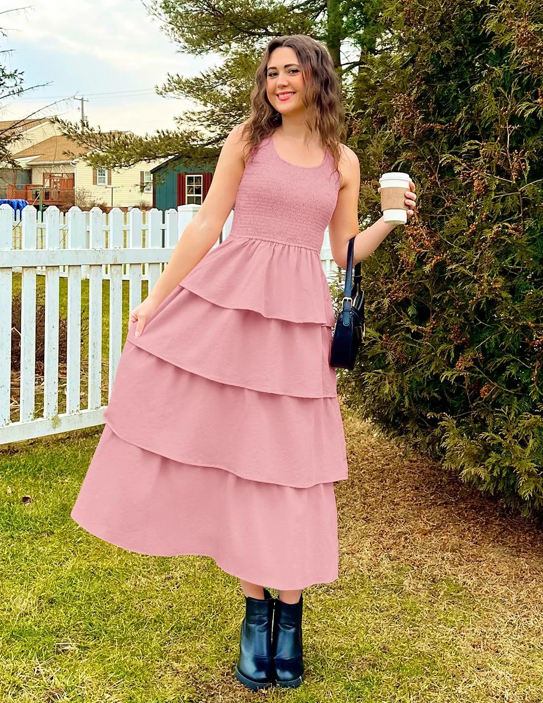 ZESICA Women's 2025 Summer Boho Sleeveless Midi Dress Scoop Neck Ruffle Tiered Layered Swing Long Beach Vacation Dresses